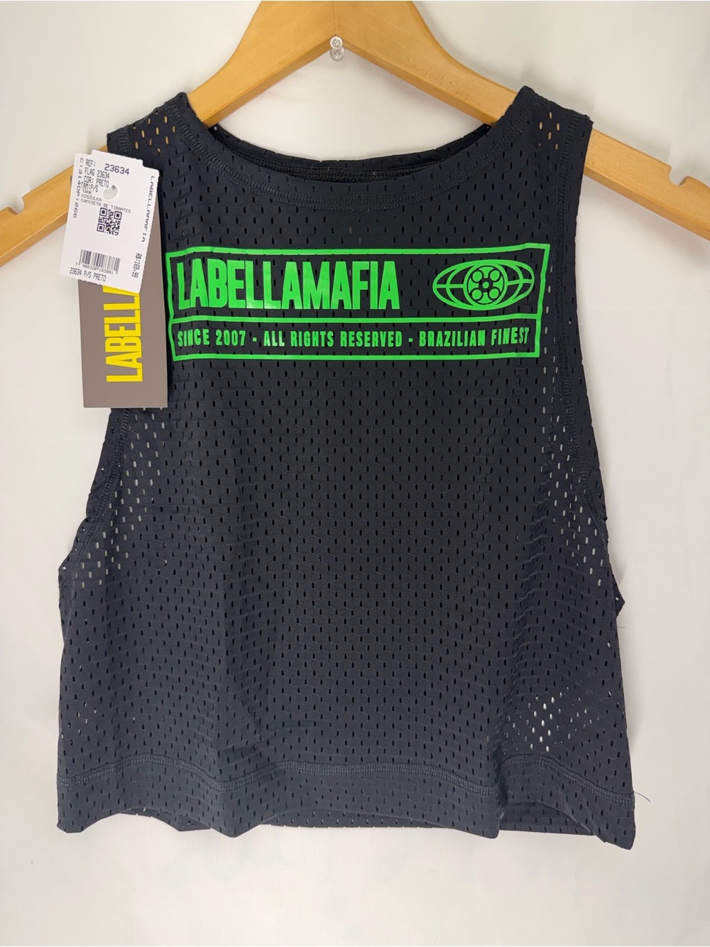 Black Mesh Crop Tank with Neon Green Logo